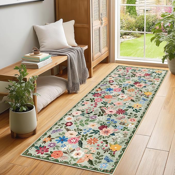 Runner Rug for Entryway: 2.6x8 Kitchen Rugs Non Slip Washable Ultra-Thin Soft Floral Carpet Indoor Floor Stain Resistant Carpets for Hallway Bedroom Kitchen Laundry Bathroom Dorm Green