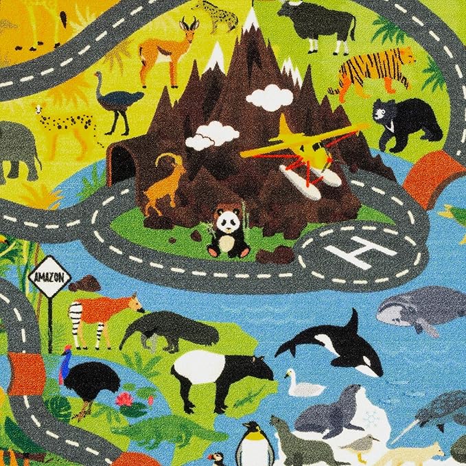 KC Cubs 5x7 Animal Safari Toy Car Road Rug – Educational Play Mat Carpet for Kids, Toddlers, Nursery, Classroom, Playroom, Baby Daycare, Boys & Girls