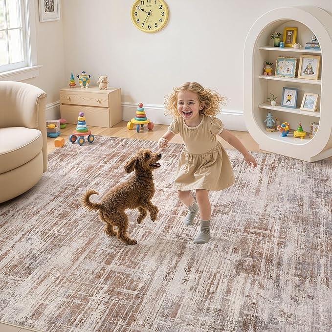 Area Rug for Living Room: 10x14 Washable Neutral Abstract Modern Soft Rugs Non Slip Indoor Floor Stain Resistant Large Carpet for Bedroom Dining Room Office Nursery - Red Brown