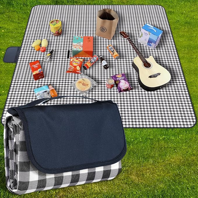 Picnic Blanket Waterproof Beach Rug 80''x80'' Picnic Mat Washable Lightweight with Handle Navy Blue Checkered for Hiking Travelling Outdoor Camping,Parks