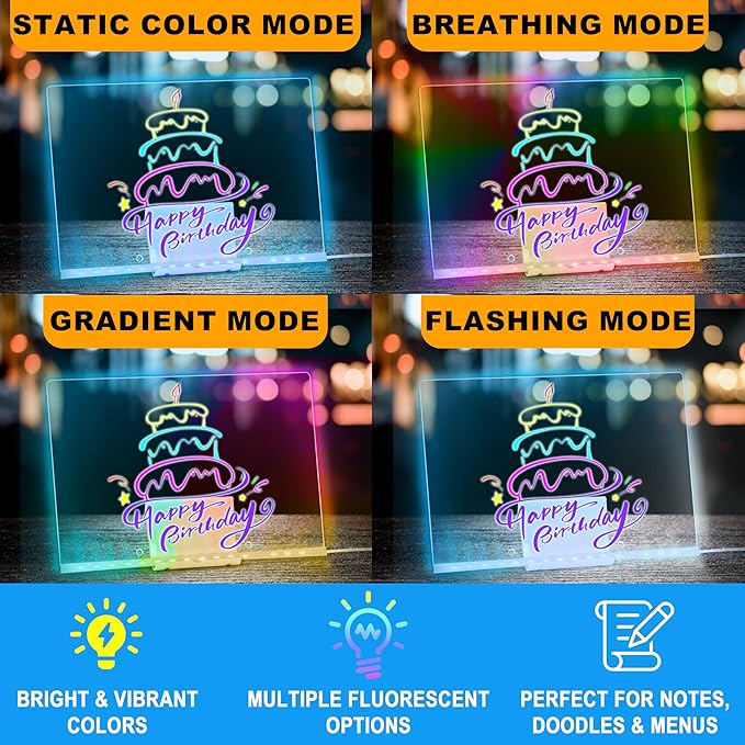 LED Drawing Board, 13.8"X10", Acrylic Note Board with Colors, Include Adapter, Acrylic Dry Erase Pad with Light 4 Modes & 7 Colors, 8 Markers, Stand, Hanging Chain, 2 Gel Clings, Holiday Gift