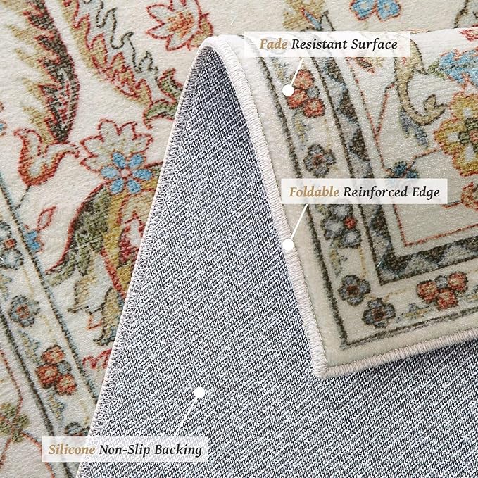Washable 8x10 Area Rugs for Living Room, Boho Non-Slip Silicone Backing Rugs for Bedroom Dining Room Nursery Office, 0.3" Neutral Oriental Throw Carpet with 0.16" Cushioning Pad, Light Beige/Multi