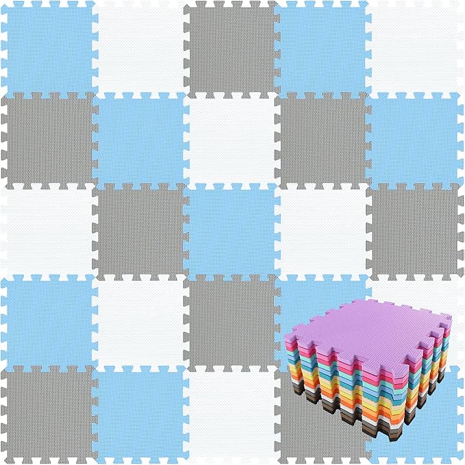qqpp EVA Rubber 18 Tiles Interlocking Puzzle Foam Floor Mats - Baby Play Mat for Playing | Exercise Mat for Home Workout. White, Blue, Gray. QC-AGLb18N