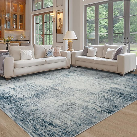 Area Rug 9x12 Washable Rugs: Abstract Large Living Room Rugs with Non-Slip Backing, Stain Resistant Indoor Floor Carpet for Bedroom Dining Room Table Nursery Hallway Home Office-Blue/Ivory