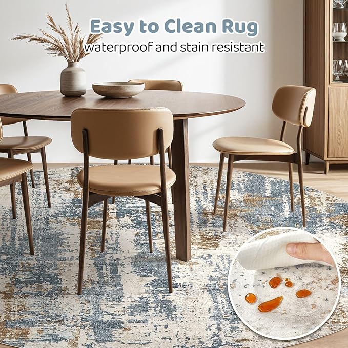 Round Rug Living Room Rugs: 10Ft Washable Circle Large Abstract Modern Soft Stain Resistant Non Slip Indoor Floor Carpet for Bedroom Nursery Office Dining Room Dorm Home House Decor- Tan Blue