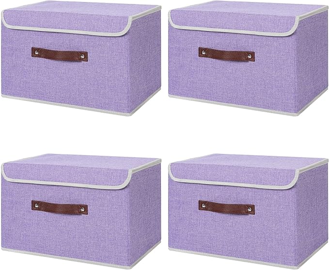 ANMINY 4PCS Storage Bins with Lid PU Leather Handles Storage Boxes PP Plastic Board Decorative Foldable Lidded Cotton Linen Fabric Home Cubes Baskets Closet Organizer Containers - Purple, Large Size