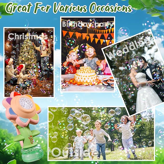 Sunflower Bubble Machine for Kids Automatic Flower Bubble Toy with Colorful Lighting for Toddlers Handheld 20000+Bubbles 3 Modes Fun Swing Dance Bubble Maker Blower Blaster Outdoor Toys Type-C Green