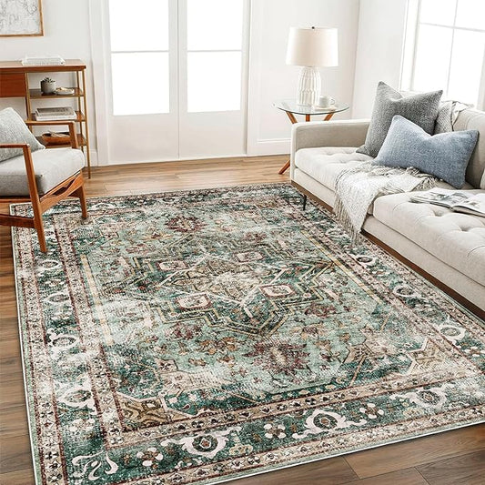 Area Rug 8'x10' Green Washable Vintage Traditional Mat Distressed Indoor Foldable Thin Retro Accent Floral Print Non Slip Carpet for Living Room Dining Room Office