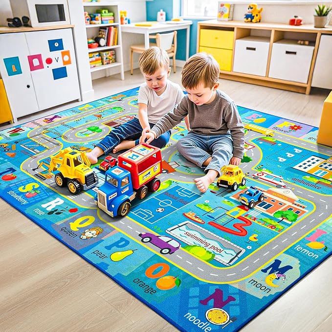 Chicrug 5x8 Car Road Area Rug for Kids Playroom Bedroom, Non Slip Low Pile Washable ABC Alphabet Carpet for Classroom, City Track Play Mat for Toddler Children Nursery Baby Room Decor, Blue