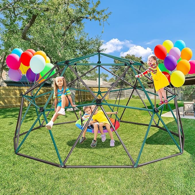 Hapfan 10 ft Climbing Dome Swing Set with Saucer Swing, Jungle Gym for Kids Outdoor Backyard, Supports 800lbs, Easy Asssembly, Rust-Resistant Outdoor Playset for Ages 3-8 8-12 (Green and Brown)