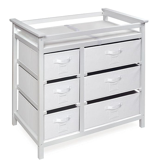 Badger Basket Modern Baby Changing Table - Diaper Station Organizer with 6 Storage Drawers, Reversible Baskets, Safety Rails - Baby Nursery Furniture with Changing Pad and Belt - White