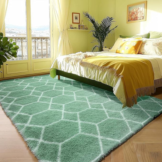 ONASAR Area Rugs for Bedroom Living Room, Washable 4x6 Fluffy Sage Green and White Throw Rug, Shaggy Geometric Floor Mat for Home Decor Aesthetic, Soft Plush Fuzzy Carpet for Nursery Kids Teen Dorm