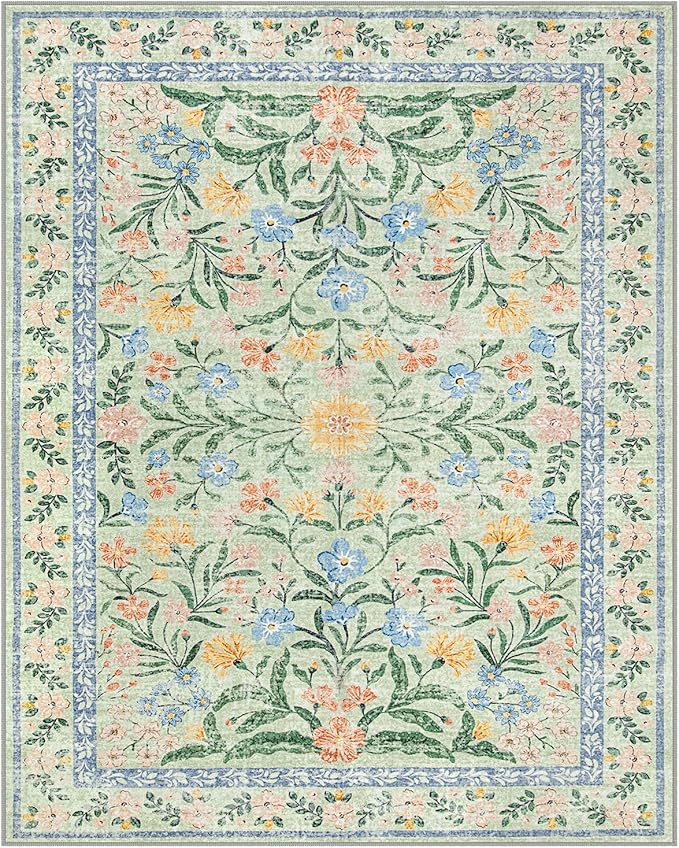 Wonnitar Boho Washable Rugs 8x10, Large Floral Rugs for Bedroom, 8 x 10 Soft Green Living Room Carpet, Non Slip Ultra-Thin Carpet for Kids Playroom Dorm Dining Room