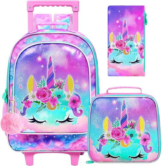 Girls Rolling Backpack, Cute Unicorn Roller Wheels Kids Bookbag - Wheeled Elementary School Bag - 3PCS Unicorn
