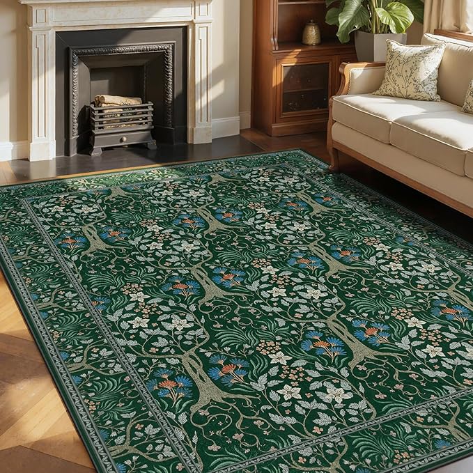 Joydeco Boho Floral 8x10 Area Rugs for Living Room, Washable Dark Green Rug Non Slip, Soft Large Low-Pile Botanical Forest Indoor Floor Throw Carpet for Bedroom Nursery Dining Office
