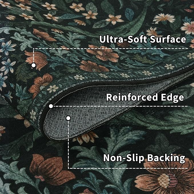 5×7 Black Washable Floral Area Rug,Vintage Boho Soft Low-Pile Living Room Rugs, Stain Resistant Botanical Non-Slip Carpet for Bedroom,Dining Room, Kids Nursery,Home Decor