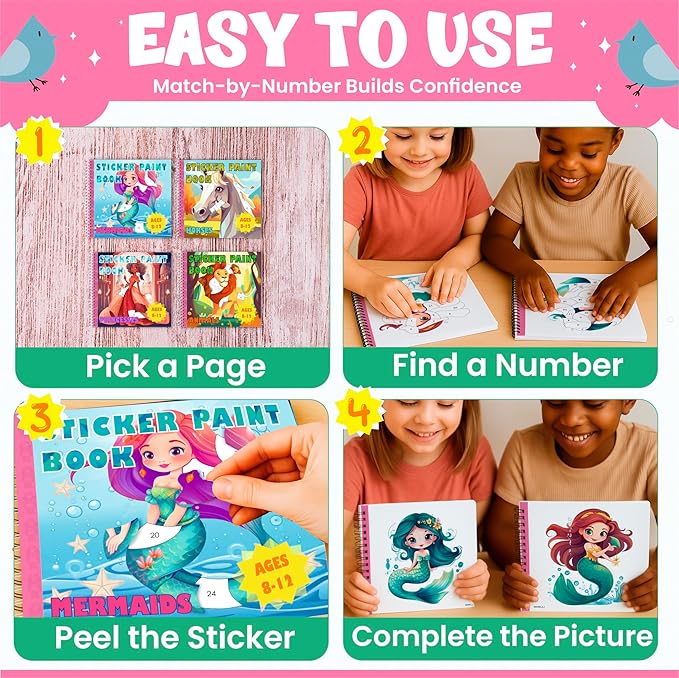 BulbaCraft 4Pcs Sticker Paint Books for Girls - Sticker Books by Number with Mermaids, Princesses, Animals and Horses - Coloring Activity for Kids