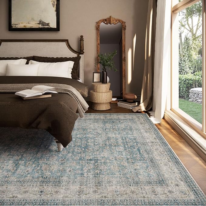 Machine Washable Living Room Rug: 6x9 Area Rugs for Bedroom Vintage Stain Resistant Non Slip Low Pile Lightweight Boho Carpet for Kitchen Dining Room Farmhouse Kids Room Nursery