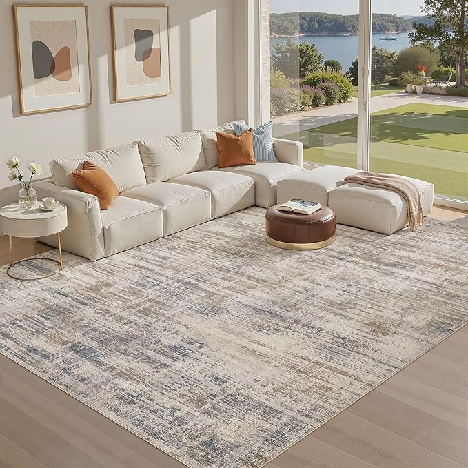 Area Rug for Living Room: 9x12 Washable Neutral Abstract Modern Soft Rugs Non Slip Indoor Floor Stain Resistant Large Carpet for Bedroom Dining Room Office Nursery - Brown