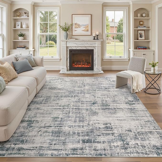 Area Rug for Living Room: 12x15 Washable Neutral Abstract Modern Soft Rugs Non Slip Indoor Floor Stain Resistant Large Carpet for Bedroom Dining Room Office Nursery - Gray