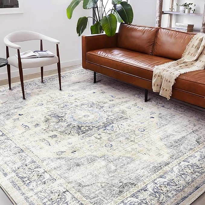 Washable Area Rug 10'x14' Floral Blue Boho Design Non-Shedding Easy Care Ideal for High Traffic Areas in Living Room Bedroom Office Coffee Table Kitchen Large Carpet