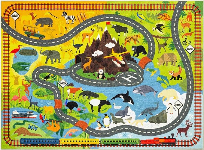 KC Cubs 3x5 Animal Safari Toy Car Road Rug – Educational Play Mat Carpet for Kids, Toddlers, Nursery, Classroom, Playroom, Baby Daycare, Boys & Girls