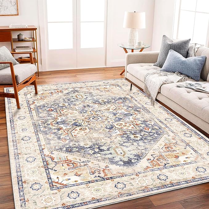 Area Rug 6'x9' Blue Khaki Washable Vintage Traditional Floor Cover Thin Retro Kitchen Indoor Distressed Non Slip Carpet Floral for Living Room Bedroom Dining Room