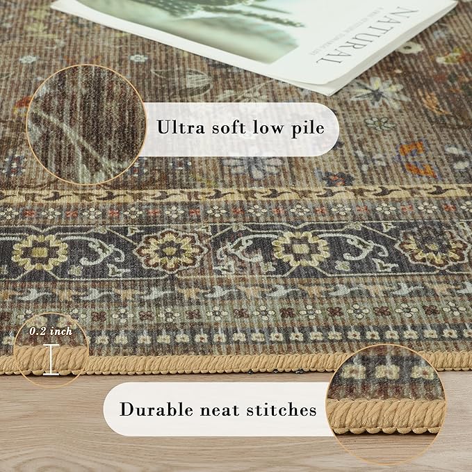 Large 8x10 Washable Area Rug for Living Room, No Shedding Vintage Floral Print Rugs Non Slip, Indoor Foldable Thin Retro Accent Carpet for Bedroom Farmhouse Dining Room Brown/Yellow