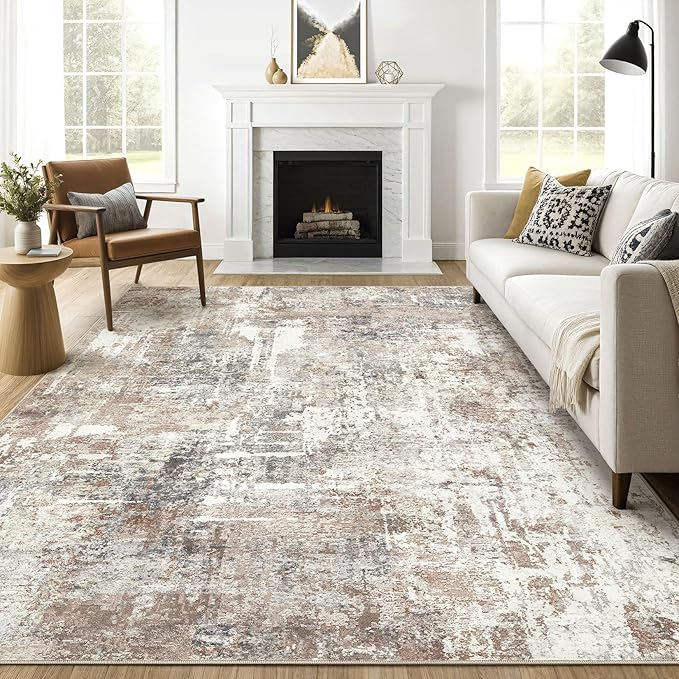 10x14 Area Rugs Living Room: Washable Large Abstract Modern Soft Rug Stain Resistant Indoor Floor Non Slip Accent Carpet for Bedroom Nursery Playroom Office Dining Room Dorm Home House- Brown