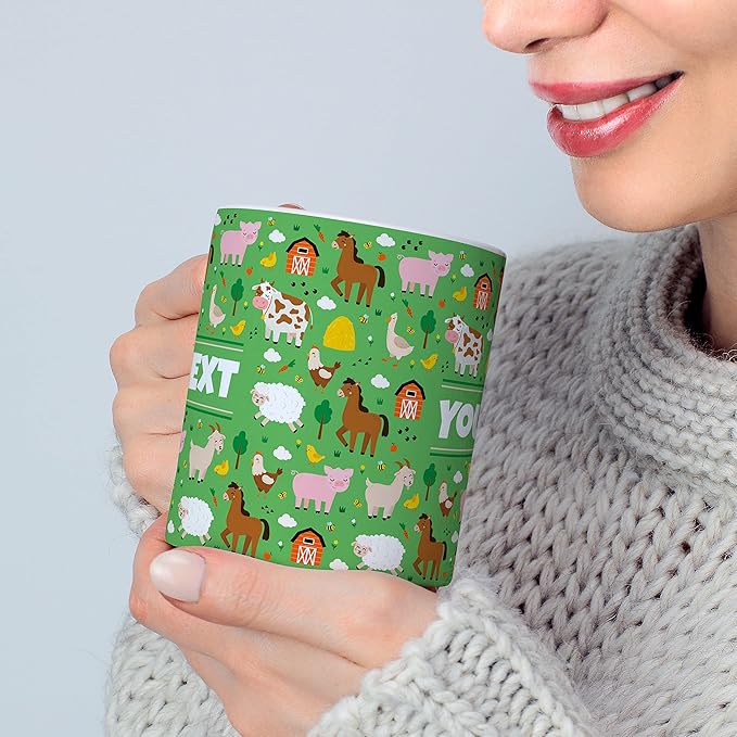 Personalized Mug for Kids - Farm Animals - Custom Name/Text, Ceramic Hot Chocolate/Cocoa/Coffee Cup for Boys/Girls, Birthday/Christmas/Holiday Gift - 15 oz, Red Handle
