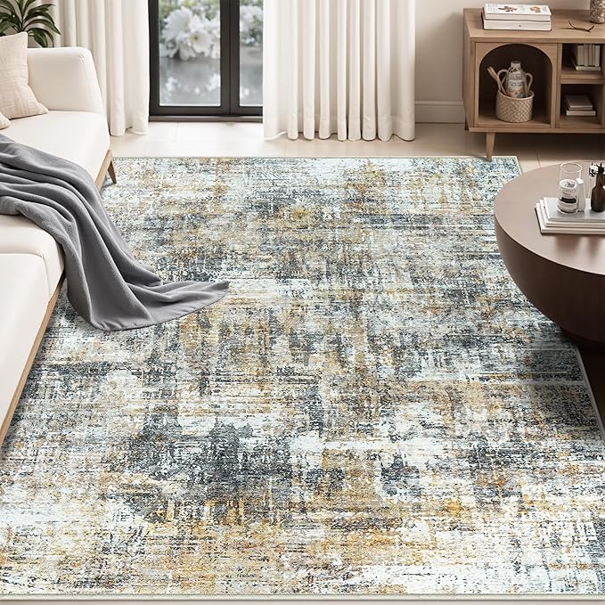 Area Rug Living Room Rugs: 5x7 Abstract Washable Rugs Ultra Soft Carpets with Non-Slip Backing Stain Resistant Carpet for Dining Room Table Bedroom Nursery Indoor Home Office Brown/Gray