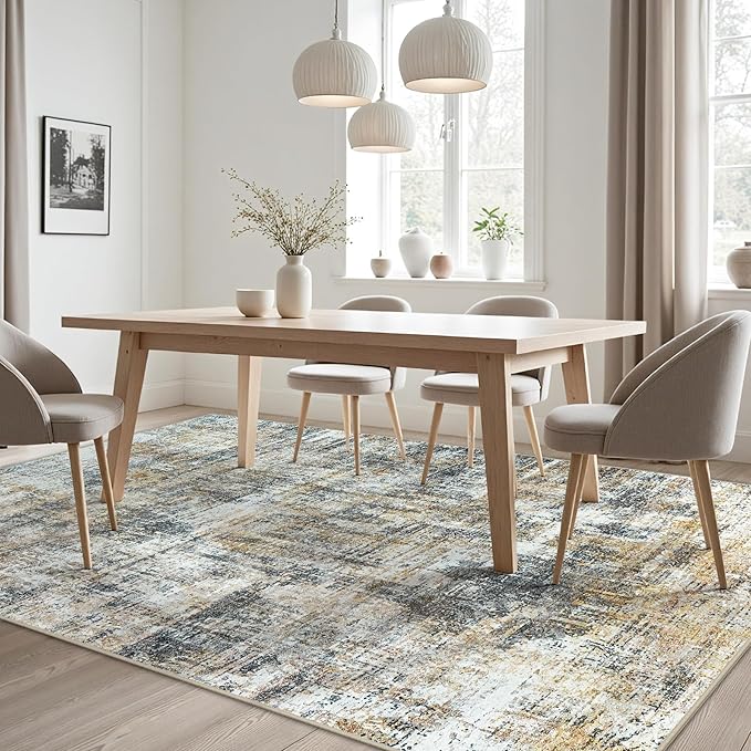 Area Rug 9x12 Washable Rugs: Abstract Large Living Room Rugs with Non-Slip Backing, Stain Resistant Indoor Floor Carpet for Bedroom Dining Room Table Nursery Hallway Home Office Brown/Gray