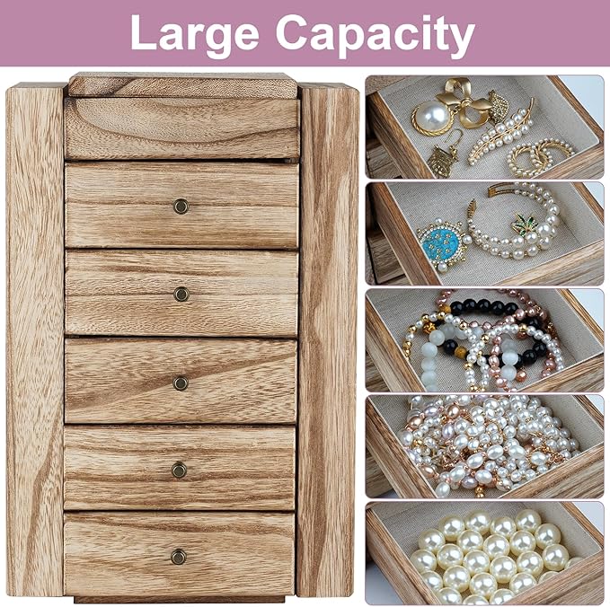 Meangood Jewelry Box Wood for Women, 6-Layer Large Organizer Box with Mirror & 5 Drawers for Rings, Earrings, Necklaces, Vintage Style, Carbonized Black