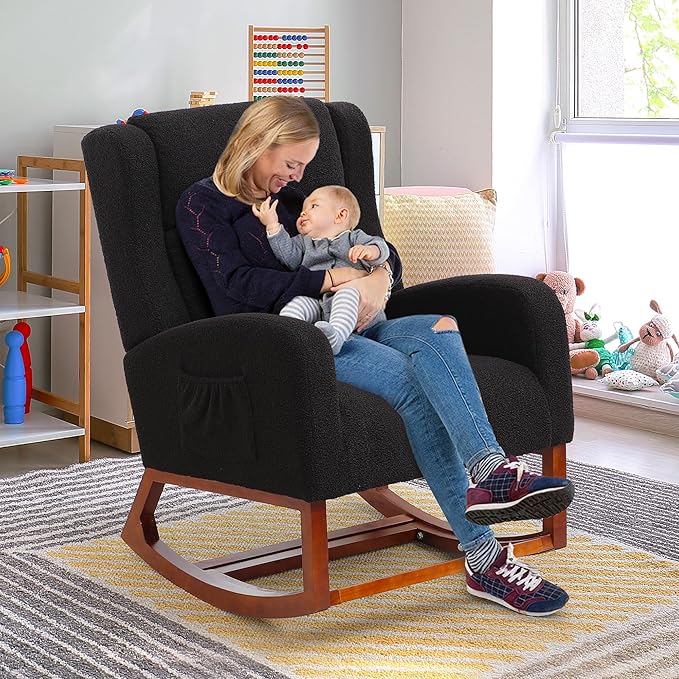 Rocking Chair Nursery, Nursing Rocking Chairs for Mom Nursery, Comfy Wingback Glider Rocking Armchair with Foot Rest and Side Pocket for Nursery Living Room Bedroom, Walnut Black