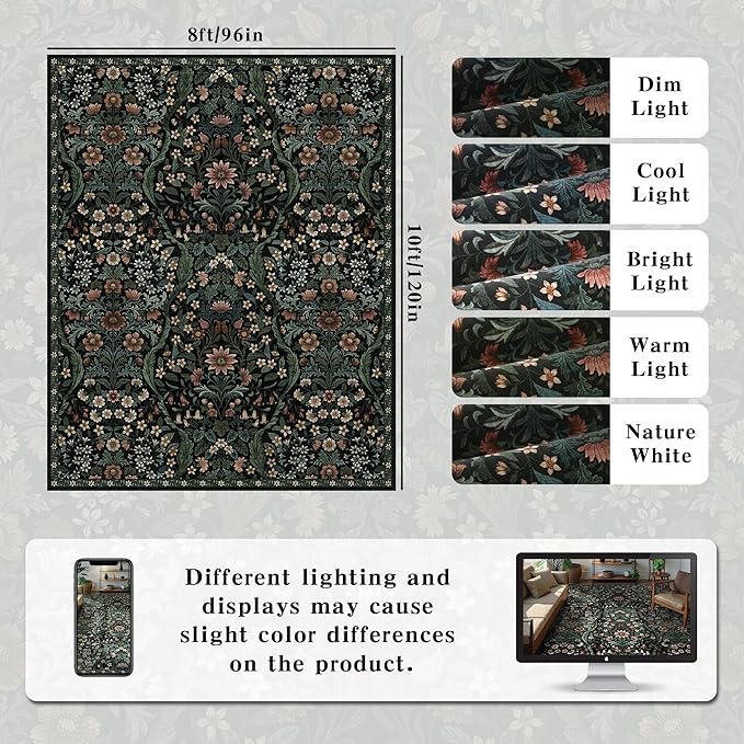 8x10 Washable Area Rug for Living Room, Large Vintage Black Floral Rugs, Soft Non-Slip Stain Resistant Boho Lightweight Carpet for Bedroom Dining Room Nursery Home Office