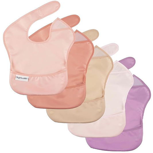 Tiny Twinkle Mess Proof Baby Bibs for Eating - Waterproof, Wipeable Bibs - Toddler Bibs - Travel Friendly - PFAS, PVC, BPA, Phthalate Free - Baby Food Bibs(5 Pack, Girl Spring)