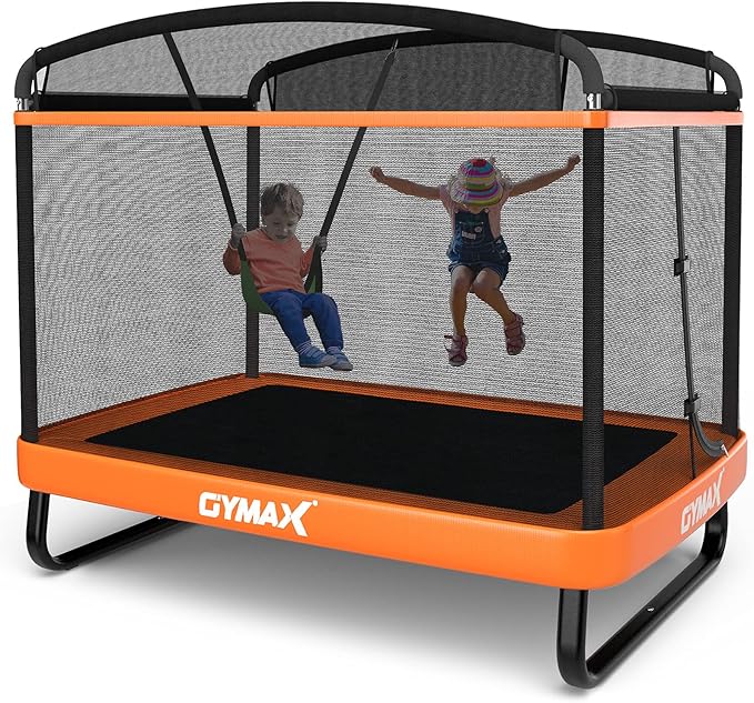 GYMAX Trampoline for Kids, 6FT Toddler Trampoline with Swing & Enclosure Safety Net, ASTM Approved Rectangle Recreational Trampoline for Indoor/Outdoor, Birthday for Baby Boys & Girls