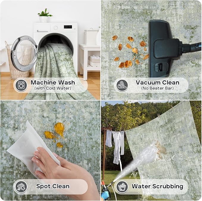 4x6 Area Rugs for Living Room Rug Washable: Modern Large Rug for Dining Room Bedroom Carpet Non Slip Low Pile 4 by 6 Indoor Abstract Nursery Home Office Green