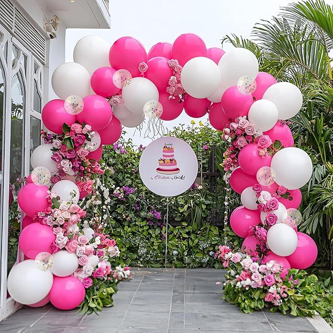 JOYIN 150 Pcs Hot Pink Balloons, Different Sizes 18 12 10 5 Inch Hot Pink Latex Balloon Arch Kit with Instruction for Birthday Party Graduation Wedding Holiday Decoration