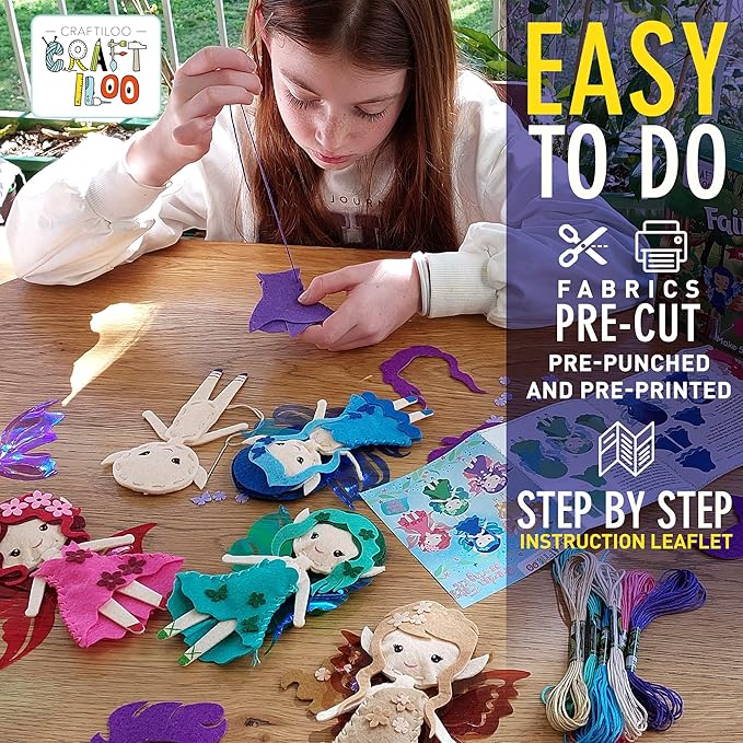 CRAFTILOO Fairy Elves Sewing Kit for Kids, Fun and Educational Fairytale Craft Set for Boys and Girls Age 7-12, Sew Your Own Felt Fairy Craft Kit for Beginners (Garden Rainbow Fairies Kit)