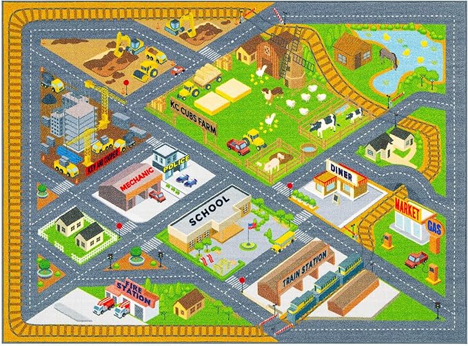 KC Cubs 3x5 Country Farm Construction Car Road Street Rug – Educational Carpet Play Mat for Kids, Toddlers, Nursery, Classroom, Playroom, Baby Daycare
