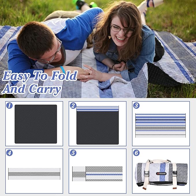 Waterproof Picnic Mat, Outdoor Camping Oversized Field Blanket. Portable Thickened Camping Blanket, Suitable for Beach, Camping, Music Festival, Party, Outdoor Adventure. (Black&Blue&White, 80”x60”)