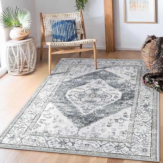Lahome Boho Washable Rugs for Bedroom - 3x5 Area Rugs for Living Room Throw Non-Slip Thin Entryway Rug Kitchen Rugs Grey Oriental Distressed Print Capet for Office Bathroom Laundry Room Dining Room
