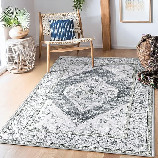Lahome Boho Washable Rugs for Bedroom - 3x5 Area Rugs for Living Room Throw Non-Slip Thin Entryway Rug Kitchen Rugs Grey Oriental Distressed Print Capet for Office Bathroom Laundry Room Dining Room