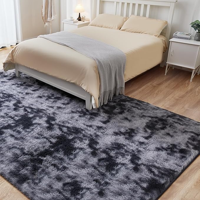 Fluffy Shag Area Rug, 4x6 Tie-Dyed Dark Grey Rugs for Bedroom, Soft Plush Area Rugs for Living Room, Non-Slip Indoor Carpet for Nursery, Study Room, Dressing Room, Home Decor