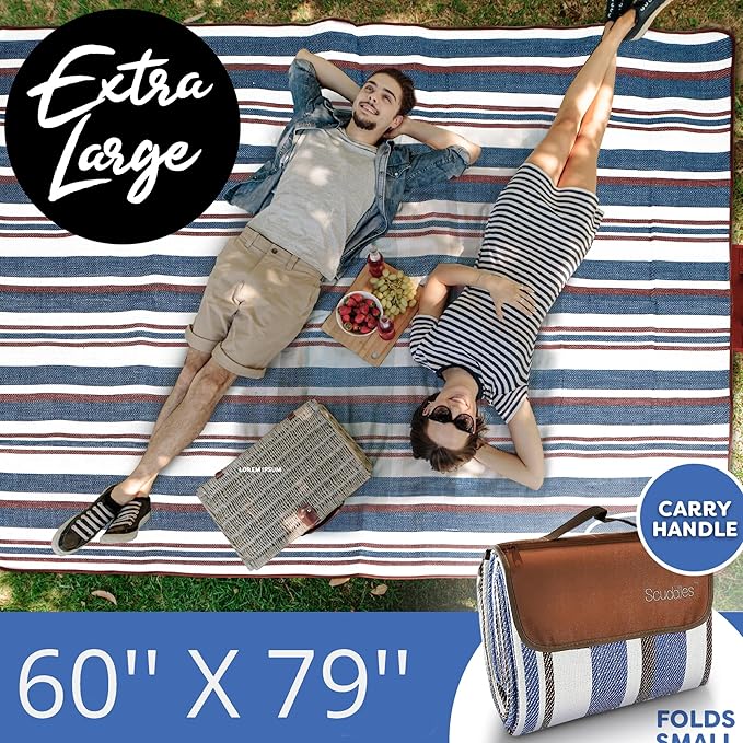 scuddles 60" x 80" Extra Large Outdoor Picnic Blanket – Waterproof, Foldable Travel Mat for Beach, Camping, Grass, Lawn, Park – Dual Layer, Sand-Free, Soft Throw Rug Fits 4 Adults, Summer Accessories
