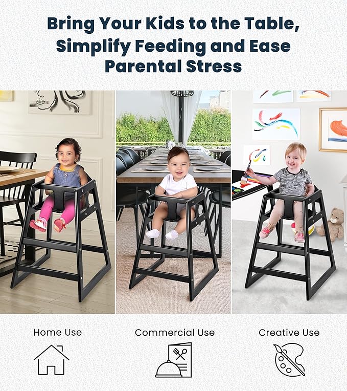 Alpine Wooden High Chairs for Babies and Toddlers with Safety Strap, Commercial Grade Restaurant High Chair, Durable Wood Space Saver Baby Feeding Chair, Ideal for Dining Spaces (2 Pack, Black)