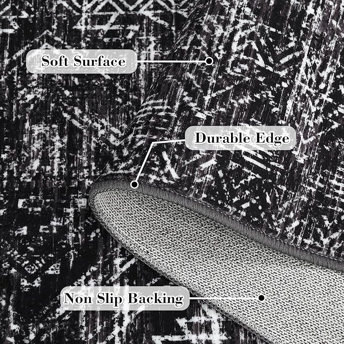 COZYLOOM 4x6 Washable Rug for Bedroom Vintage Non Slip Large Area Rug Geometric Soft Throw Rugs Low Pile Stain Resistant Carpet for Office Dining Room Living Room, Black