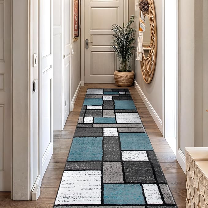 Rugshop Contemporary Modern Boxes for Home Office,Living Room,Bedroom,Kitchen Non Shedding Runner Rug 2'7" x 12' Blue