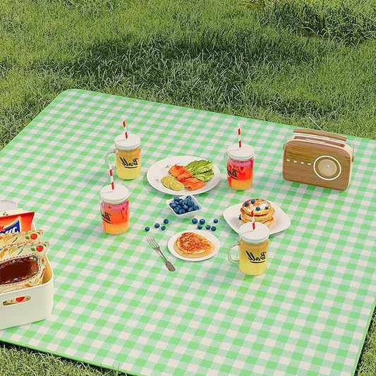 UDEAR Foldable Picnic Blanket,80"x80" Waterproof, Sandproof, Portable with Tote Bag for Beach, Park, Camping, and Travel,Green Plaid